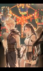  1boy 1girl absurdres armor baggy_pants belt black_gloves black_hair black_skirt black_thighhighs blonde_hair blue_eyes blurry blurry_background blush breasts buster_sword cloud_strife crop_top crowd duoj_ji earrings elbow_gloves english_text final_fantasy final_fantasy_vii final_fantasy_vii_rebirth final_fantasy_vii_remake from_side gloves gold_saucer_(final_fantasy) highres jewelry long_hair low-tied_long_hair medium_breasts midriff miniskirt multiple_belts pants people profile red_eyes shoulder_armor single_arm_guard single_sidelock skirt sleeveless sleeveless_turtleneck spiked_hair stud_earrings suspender_skirt suspenders sweater sword sword_on_back tank_top thighhighs tifa_lockhart turtleneck turtleneck_sweater walking weapon weapon_on_back white_tank_top 