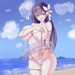  1girl areola_slip beach bikini blue_sky blush breasts cloud covering_breasts covering_privates cowboy_shot hair_ornament heart heart-shaped_pupils highleg highleg_bikini highres huge_breasts indie_virtual_youtuber innertube large_breasts long_hair looking_at_viewer narrow_waist navel o-ring o-ring_bikini open_clothes open_mouth outdoors purple_eyes rapid17 ribbon skindentation sky smile solo spoken_heart swim_ring swimsuit symbol-shaped_pupils thigh_strap thighs untied_bikini untied_bikini_top white_bikini 