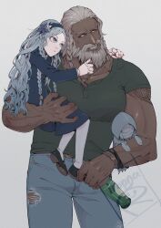  1boy 1girl arm_tattoo beard beer_bottle black_shoes blue_dress blue_eyes blue_hair braid carrying carrying_person casual cowboy_shot denim dress elden_ring elden_ring_nightreign facial_hair flower green_shirt grey_hair hair_flower hair_ornament hairband height_difference highres ironna_r jeans jewelry long_hair low_twin_braids muscular muscular_male necklace pants raider_(elden_ring) red_eyes revenant_(elden_ring) shirt shoes signature stuffed_toy tan tattoo tooth_necklace twin_braids 