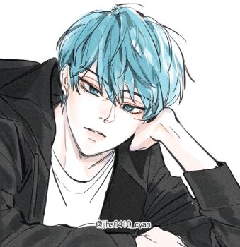  1boy aqua_eyes aqua_hair baby_(kpop_demon_hunters) black_jacket commentary_request expressionless hair_between_eyes head_rest highres jacket jjhs0410_cyan korean_commentary kpop_demon_hunters male_focus shirt short_hair simple_background solo twitter_username upper_body white_shirt 