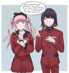  1boy 1girl brother_and_sister closed_eyes closed_mouth commentary double_bun english_commentary english_text flying_sweatdrops hair_bun jacket long_hair long_sleeves looking_to_the_side pants pink_eyes pink_hair profanity purple_hair red_jacket red_pants red_skirt sailor_collar school_uniform serafuku siblings simple_background skirt speech_bubble tencryingemojis the_hundred_line_-last_defense_academy- tsukumo_ima tsukumo_kako twintails 