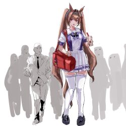  1boy 1girl animal_ears bag black_shoes bow bowtie brown_hair bubble_tea daiwa_scarlet_(umamusume) fang food full_body hair_intakes handbag height_difference holding holding_bag holding_food horse_ears horse_girl horse_tail horseshoe_ornament long_hair multiple_others osakana_(denpa_yun&#039;yun) penny_loafers pleated_skirt puffy_short_sleeves puffy_sleeves purple_bow purple_bowtie purple_sailor_collar purple_serafuku red_eyes sailor_collar sailor_shirt school_uniform serafuku shirt shoes short_sleeves skin_fang skirt standing tail tall_female thighhighs tiara tracen_school_uniform twintails umamusume very_long_hair white_background white_skirt white_thighhighs zettai_ryouiki 