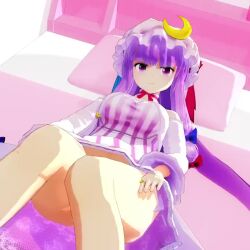  1girl 3d animated blush breasts cameltoe close-up clothes_lift come_hither female_pervert fingering fingering_through_clothes half-closed_eyes highres in_heat large_breasts long_hair looking_at_viewer lying masturbation mofumoko5 naughty_face navel open_mouth panties partially_visible_vulva patchouli_knowledge pervert presenting purple_eyes purple_hair seductive_gaze seductive_smile smile spread_legs thick_thighs thighs through_clothes touhou underwear video 