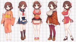  1girl alternate_costume apron arm_under_breasts barefoot beanie blue_sailor_collar blue_skirt boots bowl braid breasts brown_boots brown_eyes brown_hair brown_shoes brown_socks china_dress chinese_clothes cleavage cleavage_cutout closed_mouth clothing_cutout coat commentary_request dress flower food_request grey_hat grey_sweater hair_flower hair_ornament hat high_heels highres holding holding_tray japanese_clothes kimono kneehighs large_breasts loafers long_hair long_sleeves looking_at_viewer maid maid_apron multiple_views neckerchief obi open_mouth orange_coat orange_kimono plaid_clothes plaid_coat pleated_skirt red_dress red_flower red_neckerchief red_thighhighs ryoukenle sailor_collar sandals sash school_uniform serafuku shirt shoes short_dress skirt sleeveless smile socks sweater tachibana_yuzuki taishou_otome_otogibanashi thighhighs tray waist_apron white_apron white_shirt winter_clothes yellow_sash 
