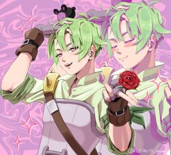  1boy animal animal_on_head arm_up artist_name belt bishounen black_belt closed_eyes closed_mouth collared_shirt fang fingerless_gloves flower friede_(puyopuyo) gloves green_hair grey_gloves hair_between_eyes hand_in_own_hair hand_up highres holding holding_flower male_focus motimoti_mgmg on_head open_mouth pink_hair purple_background puyopuyo puyopuyo_quest rabbit red_flower red_rose rose seductive_smile shirt shoulder_spikes single_shoulder_pad sleeves_rolled_up smile solo sparkle spikes twitter_username upper_body white_shirt wrist_belt wristband zoom_layer 