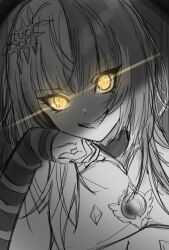  1girl absurdres breasts cleavage collar commentary english_commentary glowing glowing_eyes greyscale greyscale_with_colored_eyes grin hair_ornament hand_on_own_cheek hand_on_own_face highres hololive hololive_english kay_yu looking_at_viewer monochrome shiori_novella sketch smile solo spot_color striped_sleeves teeth virtual_youtuber yellow_eyes 