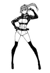 1girl belt black_gloves black_jacket black_thighhighs black_torch_(takaki_tsuyoshi) bodysuit boots breasts catsuit cleaned contrapposto cropped_jacket fingerless_gloves framed_breasts full_body gloves greyscale hair_flip hair_ornament hairclip hand_on_own_hip high_heel_boots high_heels jacket kishimojin_ichika knee_boots legs_apart long_hair medium_breasts monochrome official_art ponytail screentones simple_background smile solo standing tachi-e takaki_tsuyoshi thighhighs thighs third-party_edit third-party_source white_background white_bodysuit