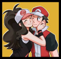  1boy 1girl ^_^ baseball_cap black_border blush border brown_eyes brown_hair closed_eyes collar hand_on_another&#039;s_face hat highres hilda_(pokemon) horusaku jacket nintendo one_eye_closed outline outside_border poke_ball_symbol pokemon pokemon_bw pokemon_frlg red_(pokemon) simple_background smile undershirt vest white_outline yellow_background 