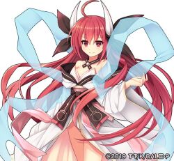 1girl ahoge black_choker black_ribbon breasts choker date_a_live detached_sleeves dress edamame_senpai horns itsuka_kotori long_hair medium_breasts off_shoulder official_art red_eyes red_hair ribbon smile solo vivid_army white_dress rating:Sensitive score:6 user:danbooru