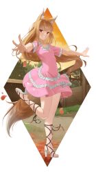  1girl absurdres animal_ears arms_at_sides blush border brown_hair commission cosplay dress duang_(user_tsag8258) evening grin high_heels highres holo kami_nomi_zo_shiru_sekai kasuga_kusunoki kasuga_kusunoki_(cosplay) long_hair looking_at_viewer outdoors pink_dress pixiv_commission red_eyes short_sleeves smile solo spice_and_wolf standing standing_on_one_leg tail white_border wolf_ears wolf_girl wolf_tail 