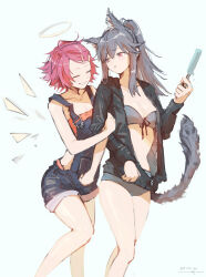  2girls ^_^ absurdres animal_ears arknights arm_hug bare_shoulders bikini black_jacket black_tail breasts cleavage closed_eyes collarbone commentary dated denim detached_wings english_commentary exusiai_(arknights) facing_another feet_out_of_frame food grey_background grey_bikini grey_hair grey_halo grin hair_between_eyes hair_ornament hairclip halo highres holding holding_food holding_popsicle jacket long_sleeves looking_at_another medium_breasts medium_hair melting_popsicle multiple_girls orange_eyes parted_lips partially_open_jacket partially_unzipped pink_hair popsicle pppmepl short_hair simple_background sketch small_breasts smile standing swimsuit tail tail_raised texas_(arknights) traditional_halo wings wolf_ears wolf_girl yuri zipper zipper_pull_tab 