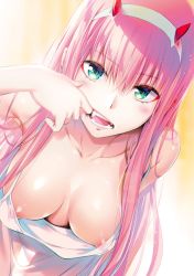 10s 1girl bad_id bad_yandere_id blush breasts collarbone cowboy_shot darling_in_the_franxx downblouse dress dutch_angle eyeliner fangs female_focus finger_in_own_mouth green_eyes hairband highres horns large_breasts long_hair looking_at_viewer lossy-lossless makeup mouth_pull no_bra official_art pink_hair see-through_silhouette sidelocks solo topless_female white_dress yabuki_kentarou zero_two_(darling_in_the_franxx) rating:Questionable score:179 user:百合fag
