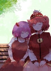  2girls bench bow hair_bobbles hair_ornament hat kawashiro_mitori lock long_sleeves multiple_girls on_bench park_bench pink_hair red_hair ribbon saifisu sara_(touhou) shirt short_hair side_ponytail sleeping touhou touhou_(pc-98) tree 