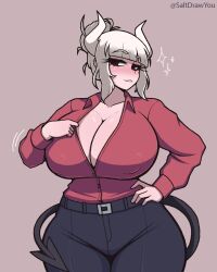  1girl absurdres artist_name belt belt_buckle black_belt black_pants black_tail blunt_bangs blush breasts buckle cleavage clothes_pull collarbone commentary commission curvy demon_girl demon_horns demon_tail english_commentary hair_bun hand_on_own_hip hand_up helltaker highres horns huge_breasts long_sleeves looking_at_viewer lucifer_(helltaker) mole mole_under_eye pants parted_lips red_eyes red_shirt saltdrawyou shirt shirt_pull shirt_tug short_hair sidelocks simple_background single_hair_bun smile solo tail white_hair white_horns 