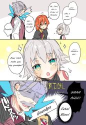  1boy 2girls 3koma blood blush bug butterfly comic facial_hair fate/apocrypha fate/grand_order fate_(series) fujimaru_ritsuka_(female) highres bug jack_the_ripper_(fate/apocrypha) james_moriarty_(archer)_(fate) kanro_ame_(ameko) multiple_girls mustache orange_hair scar short_hair side_ponytail smile translated vest white_hair  rating:Sensitive score:13 user:Len