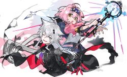  2girls :o animal animal_ears arknights black_cape black_coat black_gloves blue_eyes cape cat_ears coat commentary_request cropped_torso gloves goldenglow_(arknights) grey_hair highres holding holding_staff jacket lappland_(arknights) lappland_the_decadenza_(arknights) lightning_bolt_print long_hair multiple_girls one_eye_closed pink_hair pink_jacket red_cape red_gloves scar scar_across_eye scar_on_face sharp_teeth shirt short_hair simple_background staff teeth two-sided_cape two-sided_fabric two-tone_gloves upper_body weapon_connection white_background white_shirt wolf_ears yakota_(usuk-yako) yellow_eyes 