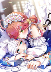 2girls :3 ahoge animal_ears apron aqua_eyes blue_skirt blue_sleeves blurry blurry_background blush braid commentary_request detached_collar detached_sleeves dress feet_up fox_ears fox_girl frilled_dress frilled_hairband frilled_skirt frilled_sleeves frilled_socks frills full_body green_eyes hair_ornament hair_rings hairband hairclip highres hololive imo_bouya indoors japanese_clothes kimono layered_sleeves lolita_fashion lolita_hairband long_hair long_sleeves looking_at_another lying maid maid_apron multiple_girls nail_polish neck_ribbon no_shoes official_alternate_costume official_alternate_hairstyle on_person on_stomach pink_hair pink_ribbon pink_skirt pleated_skirt pom_pom_(clothes) pom_pom_hair_ornament qi_maid ribbon sakura_miko sakura_miko_(new_year) shirakami_fubuki shirakami_fubuki_(8th_costume) side_braids skirt sleeveless sleeveless_kimono smile socks soles swept_bangs the_pose twintails virtual_youtuber wa_lolita white_hair white_hairband white_sleeves white_socks yellow_nails yuri 