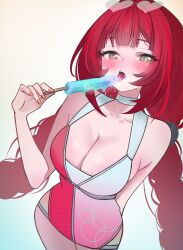  1girl absurdres blush braid breasts cleavage daria_(user_hktv8452) eyewear_on_head green_eyes heart heart-shaped_eyewear highres large_breasts long_hair looking_at_viewer official_alternate_costume one-piece_swimsuit red_hair simple_background smile solo sphere_hair_ornament swimsuit twintails two-tone_one-piece_swimsuit ukinami_yuzuha ukinami_yuzuha_(tanuki_in_broad_daylight) very_long_hair zenless_zone_zero 