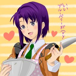  1girl apron blush bowl cecile_croomy code_geass female_focus glasses_(pixiv1658372) happy highres knife military military_uniform mine_(myfoot916) necktie open_mouth purple_eyes purple_hair school_uniform short_hair solo 