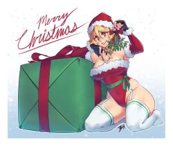  1girl bell blonde_hair breasts buskhusker christmas_present detached_sleeves english_text fingerless_gloves full_body gift gloves hair_between_eyes hat holding holding_mistletoe isabelle_(buskhusker) large_breasts leotard looking_at_viewer merry_christmas mistletoe neck_bell original red_eyes santa_hat short_hair solo striped_clothes striped_thighhighs thick_thighs thighhighs thighs 
