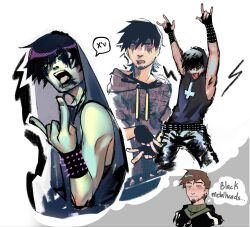  2boys \n/ afraid_of_monsters armpit_hair arms_up black_arm_warmers black_hair black_pants black_tank_top cross cry_of_fear david_leatherhoff emo_fashion english_text eyeshadow grey_hoodie highres hood hood_down hoodie in-franchise_crossover inverted_cross makeup male_focus mascara multiple_boys multiple_scars open_mouth outstretched_arms pants raccozan runny_makeup scar scar_on_arm self-harm_scar short_hair simon_henriksson simple_background speech_bubble spiked_belt tank_top thought_bubble tongue tongue_out upper_body wrist_cutting 