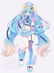  1girl absurdres angel_wings asymmetrical_footwear asymmetrical_legwear blonde_hair blue_hair blue_jacket blue_leg_warmers blue_sandals blue_shoes bra clothing_cutout commentary cute_x_subculture_hatsune_miku_design_contest cyber_fashion detached_sleeves fake_wings fashion gradient_hair hair_ornament halo harness hatsune_miku highres jacket leg_warmers long_hair mismatched_footwear mismatched_legwear multicolored_hair navel oversized_clothes sandals see-through_clothes see-through_sleeves shoes simple_background sneakers solo sorashibatasan stomach_cutout tenshi_kaiwai track_jacket traditional_halo twintails underwear very_long_hair vocaloid watermark white_background wings 