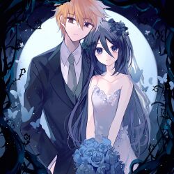  1boy 1girl bare_shoulders black_eyes black_hair black_vest bleach blue_flower bouquet collared_shirt dress flower g_ieep grey_necktie hair_between_eyes hand_in_pocket holding holding_bouquet kuchiki_rukia kurosaki_ichigo long_hair necktie orange_eyes orange_hair shirt short_hair strapless strapless_dress vest white_background white_shirt 