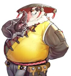  1boy animal_ears bara bell black_fur bracelet chinese_clothes claws commentary english_commentary fangs fat furry furry_male grin jewelry jingle_bell looking_at_viewer male_focus malliseed multicolored_fur pan_yinhu panda_boy panda_ears pawpads plump round_eyewear shirt smile spiked_bracelet spikes white_fur wok yellow_shirt zenless_zone_zero 