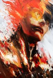  1boy agni_(fire_punch) black_hair burn_scar burning closed_mouth commentary fire fire_punch highres kyezzzz male_focus scar short_hair solo yellow_eyes 
