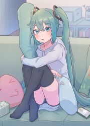  1girl 39 :s aqua_eyes aqua_hair aqua_nails black_shirt black_thighhighs blush book bookshelf can cellphone clock commentary_request couch cup digital_clock doodle_inset double-parted_bangs drawstring full_body furrowed_brow hair_ornament hatsune_miku highres holding hood hoodie hugging_object indoors juice_carton knees_up long_hair long_sleeves mug no_shoes on_couch panties panty_peek parted_lips phone plush_food revision scissors seven-segment_display shirt sitting smartphone solo spring_onion stuffed_food thighhighs twintails twitter_username underwear upshorts very_long_hair vocaloid white_hoodie white_panties yasuno-labo 