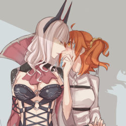 2girls ascot blue_nails blush breasts carmilla_(fate) claws cleavage closed_mouth couple cross-laced_clothes curly_hair eye_contact fate/grand_order fate_(series) female_focus fingernails fujimaru_ritsuka_(female) grey_background hair_ornament hair_scrunchie half-closed_eyes hand_on_another&#039;s_face hollomaru horns imminent_kiss large_breasts long_hair long_sleeves looking_at_another medium_breasts multiple_girls nail_polish neck open_mouth orange_eyes orange_hair parted_lips revealing_clothes scrunchie shade shadow short_hair shy side-by-side side_ponytail silver_hair simple_background surprised type-moon upper_body wavy_mouth yellow_eyes yellow_scrunchie yuri rating:Sensitive score:31 user:wereAR