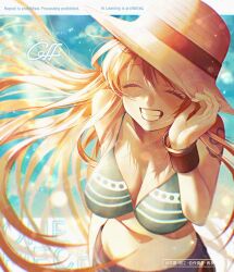  1girl arm_behind_back bangle bare_shoulders bikini bikini_top_only blue_pants blue_sky blush bracelet breasts cleavage closed_eyes commentary_request denim facing_viewer green_bikini grin hand_on_headwear hat hat_tip jeans jewelry large_breasts light_particles long_hair nami_(one_piece) navel one_piece orange_hair pants shoulder_tattoo sky smile solo stomach straw_hat sunlight swimsuit tattoo teeth twitter_username upper_body wavy_hair yum_xoxo_yum 