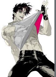  1boy :p abs alternate_costume battle_tendency black_gloves black_pants blue_eyes brown_hair clothes_lift fingerless_gloves gloves groin headband_around_neck highres jojo_no_kimyou_na_bouken joseph_joestar joseph_joestar_(young) male_focus mgong520 midriff muscular muscular_male muted_color navel_piercing pants pectorals piercing shirt shirt_lift sleeveless sleeveless_shirt solo tank_top tight_clothes tongue tongue_out underpec 