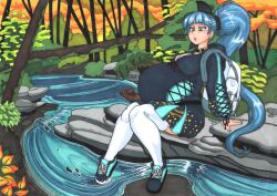 1girl absurdres backpack bag belly big_belly blue_eyes blue_hair commentary ear_piercing earrings english_commentary highres jewelry jishintai long_hair nose open_mouth original piercing ponytail pregnant solo sphere_earrings stomach stream tree very_long_hair water white_bag 
