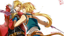  00s 2boys ahoguu battle blonde_hair blue_eyes company_connection crossover edward_elric final_fantasy final_fantasy_ix fullmetal_alchemist look-alike male_focus multiple_boys paku_romi ponytail voice_actor_connection simple_background tail yellow_eyes zidane_tribal 