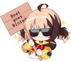  1girl ahoge boat_goes_binted bogos_binted_(meme) brown_hair closed_mouth commentary cropped_torso english_commentary english_text facing_viewer gigi_murin gigi_murin_(1st_costume) hitsukuya holding holding_sign hololive hololive_english jacket long_sleeves meme multicolored_hair puffy_long_sleeves puffy_sleeves shirt sign simple_background smile solo sparkle sunglasses twintails two-tone_hair upper_body v-shaped_eyebrows virtual_youtuber white_background white_shirt yellow_jacket 