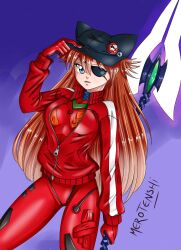  1girl alternate_costume artist_name black_hat blue_eyes bodysuit bodysuit_under_clothes check_copyright closed_mouth copyright_request cowboy_shot eyepatch gradient_background hair_between_eyes hat highres holding holding_weapon jacket merotenshi neon_genesis_evangelion orange_hair purple_background red_bodysuit red_jacket retro_artstyle signature solo souryuu_asuka_langley spanish_commentary weapon weapon_request 