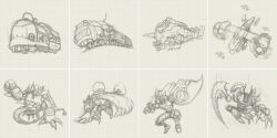  bacchusmon blimpmon cape cargodramon ceresmon digimon digimon_(creature) gokumon highres marsmon monochrome robot sharp_teeth sketch tail teeth traditional_media trailmon trailmon_keetle trailmon_worm train 