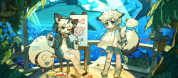  2boys animal_ears animal_feet animal_hands barefoot blue_eyes chinese_commentary commentary_request ears_through_headwear fang furry furry_male kotoba_(1074421015) long_sleeves male_focus multiple_boys open_mouth original sitting standing tail toes white_hair yurie_mouth 