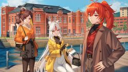  1boy 2girls alternate_costume bag black_bag black_gloves black_pantyhose black_skirt blonde_hair brown_hair casual chinese_hairpin chiori_(genshin_impact) coat colored_inner_hair diluc_(genshin_impact) genshin_impact gloves grey_hair guest_art handbag highres long_hair long_sleeves looking_at_viewer medium_hair miz_(mi) multicolored_hair multiple_girls ningguang_(genshin_impact) open_clothes open_coat outdoors pants pantyhose parted_bangs parted_lips red_eyes shoulder_bag sitting skirt smile standing white_pants yellow_coat 