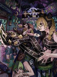  3girls absurdres birthmark bun_with_braided_base commentary_request diver_down_(stand) dodododo double_bun dreadlocks ermes_costello foo_fighters_(jojo) green_eyes green_lips green_nails hair_bun highres joestar_birthmark jojo_no_kimyou_na_bouken kuujou_jolyne kuujou_joutarou manhattan_transfer_(stand) menacing_(jojo) multicolored_hair multiple_girls sionagasu spider_web_print stand_(jojo) stone_ocean two-tone_hair 