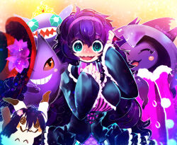 1girl @_@ alternate_costume black_dress black_eyes black_hair blue_eyes blush breasts colored_sclera cowboy_shot creatures_(company) crown curly_hair dress facing_viewer flower frill_trim frilled_dress frills game_freak gen_1_pokemon gen_3_pokemon gen_4_pokemon gen_7_pokemon gengar ghost girdle goth_fashion gothic_lolita grin hair_between_eyes hair_flower hair_ornament hairband hakkasame hand_on_own_chest hand_on_own_head hands_up headband hex_maniac_(pokemon) large_breasts lolita_fashion long_hair looking_at_viewer mimikyu mismagius multicolored_dress nintendo one_eye_closed open_mouth orange_background pokemon pokemon_(creature) pokemon_xy purple_hairband purple_headband purple_sweater red_sclera ringed_eyes sableye sharp_teeth simple_background smile sweater tagme teeth turtleneck turtleneck_dress very_long_hair wavy_mouth white_frills wide-eyed wig wink yellow_background