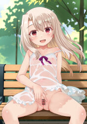  1girl bare_shoulders bench blush breasts camisole censored covered_erect_nipples covered_navel dress exhibitionism fate/kaleid_liner_prisma_illya fate_(series) highres illyasviel_von_einzbern loli long_hair looking_at_viewer no_panties open_mouth outdoors park park_bench public_indecency public_nudity pussy red_eyes see-through_clothes sidelocks sitting small_breasts smile solo spread_legs spread_pussy usayaki_soba wet wet_clothes wet_dress white_camisole white_hair 