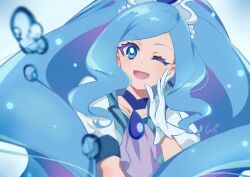  1girl ascot blue_background blue_brooch blue_choker blue_eyes blue_hair blue_shirt bubble choker collarbone cure_fontaine dot_nose dress eyelashes gloves hand_on_own_cheek hand_on_own_face happy hat_ornament healin&#039;_good_precure heart heart_hat_ornament high_ponytail highres light_blush long_hair one_eye_closed open_clothes open_dress open_mouth ponytail precure puffy_short_sleeves puffy_sleeves purple_ascot sawaizumi_chiyu shipu_(gassyumaron) shirt short_sleeves signature smile solo tiara upper_body very_long_hair wavy_hair white_dress white_gloves 