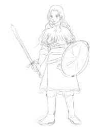 1girl boots closed_mouth female_focus full_body haleth holding holding_shield holding_sword holding_weapon long_hair mintkim monochrome shield simple_background sketch solo standing sword the_silmarillion tolkien&#039;s_legendarium weapon