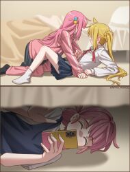  3girls absurdres ahoge bed bedroom black_skirt black_socks blush bocchi_the_rock! cellphone closed_eyes collared_shirt commentary cube_hair_ornament gotoh_hitori gotoh_michiyo hair_ornament highres holding holding_phone ijichi_nijika jacket long_hair long_sleeves multiple_girls myvia_mokols on_floor pants pants_under_skirt phone pink_hair pink_jacket pink_pants pleated_skirt recording shirt side_ponytail skirt smartphone socks symbol-only_commentary track_jacket twitter_username white_shirt white_socks yuri 