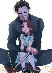  1boy 1girl 1kouj1_yaeko 2019 age_difference brown_hair child halloween_(movie) height_difference holding holding_knife jamie_lloyd knife michael_myers older_man_and_younger_girl sitting size_difference uncle_and_niece white_background white_mask 