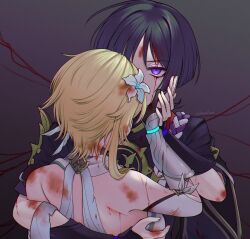  1boy 1girl amano_hotaru_(hotaama) aqua_flower arm_around_back arm_cutout armor bare_shoulders black_background black_gloves black_hair black_kimono black_sleeves blonde_hair blood blood_on_arm blood_on_armor blood_on_back blood_on_face bloody_tears blunt_ends couple detached_sleeves feather_hair_ornament feathers flower genshin_impact gloves gradient_background hair_flower hair_intakes hair_ornament hand_on_another&#039;s_face hand_on_another&#039;s_hand hetero highres japanese_armor japanese_clothes jewelry kimono knot kote kurokote lumine_(genshin_impact) multicolored_flower neck_ring open_hands parted_bangs partially_fingerless_gloves purple_eyes purple_rope rope scaramouche_(genshin_impact) scarf shimenawa short_hair short_hair_with_long_locks short_sleeves sidelocks single_vambrace string twitter_username vambraces white_flower white_rope white_scarf white_sleeves wide_sleeves 