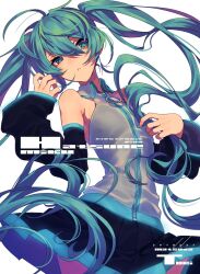  1girl 2019 ahoge aqua_eyes aqua_hair aqua_nails aqua_trim armpit_crease artist_name bare_shoulders black_skirt black_sleeves character_name collared_jacket commentary_request cowboy_shot dated detached_sleeves double-parted_bangs floating_hair from_below grey_jacket hair_between_eyes hands_up hatsune_miku highres holding holding_own_hair huge_ahoge jacket leaning_back long_hair long_sleeves looking_at_viewer matsuda_toki miniskirt nail_polish parted_lips pleated_skirt simple_background skirt sleeveless sleeveless_jacket solo standing uneven_eyes very_long_hair vocaloid white_background wide_sleeves 