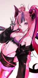  1girl ahoge asymmetrical_horns belt black_jacket black_shorts breasts broken_horn chest_tattoo cleavage cropped_jacket demon_girl demon_horns detached_wings heart heart_ahoge highleg highleg_panties highres horn_ornament horns ironmouse ironmouse_outfit_art_contest jacket long_hair looking_at_viewer mechanical_arms mechanical_legs mechanical_wings midriff mole mole_under_eye multicolored_hair navel pako_(pakosun) panties pink_hair purple_belt purple_eyes purple_hair short_shorts shorts single_mechanical_arm single_mechanical_leg smile solo streaked_hair tattoo twintails underwear v very_long_hair virtual_youtuber vshojo white_background wings zipper 